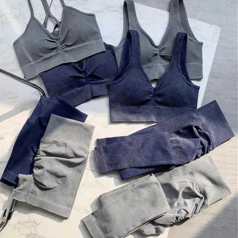 SVEIC Fitness Seamless Yoga Set Ribbed Sport Bra Washing Knitting Top Sportswear Leggings Workout Suit Gym Women Outfit ClothingXJ250109