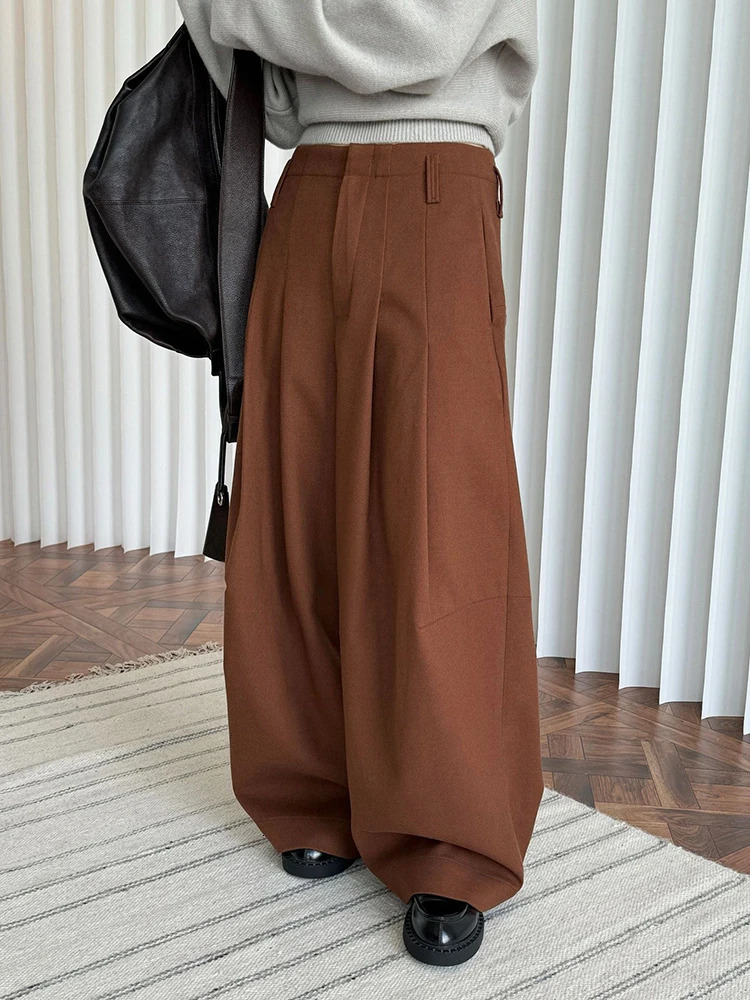 LANMREM Winter Thick Warm Pants For Women High Waist Pleated Wide Leg Trousers Office Lady Clothes Minimalism 26C967 250108