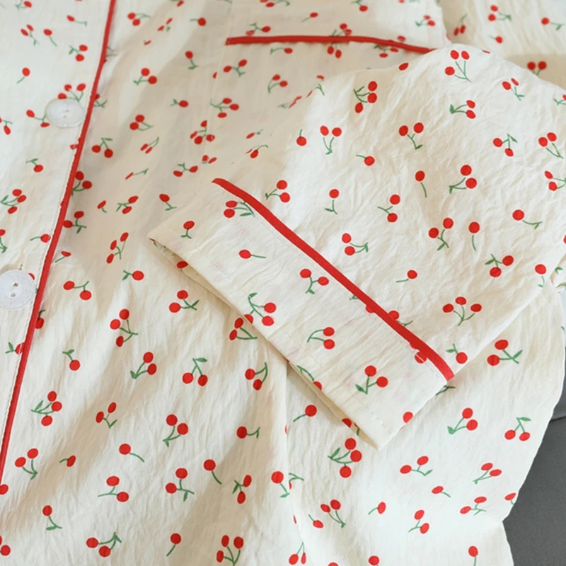 Autumn Cherries Pajama Sets for Women Faux Cotton Outfits Soft Lapel Cardigan 2 Piece Set Sweet Cute 250106