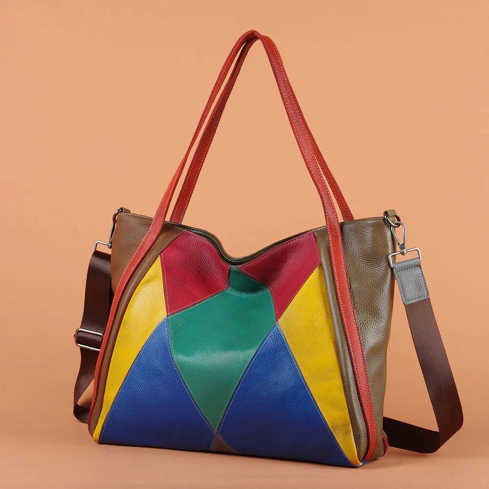 Fashion Genuine Leather Multicolour Handbags Casual Women Girl Cowhide Big Bag Designer Patchwork Female Shoulder Crossbody Bags