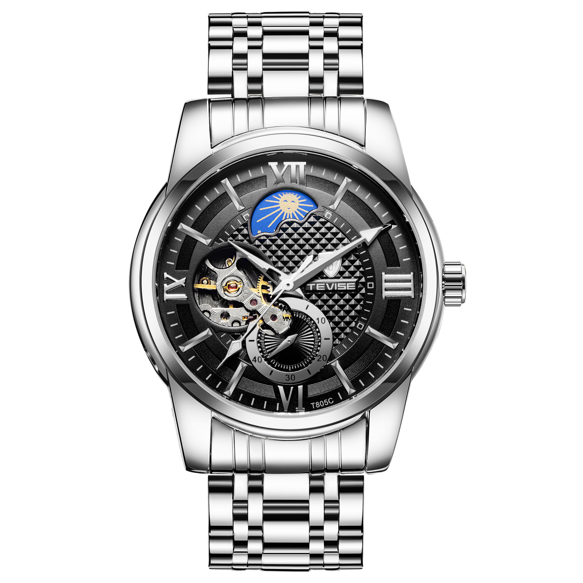 TEVISE Mens Automatic Mechanical Business Watch with Stainless Steel Strap Moonwatch Phase and Waterproof Function T046-T805C