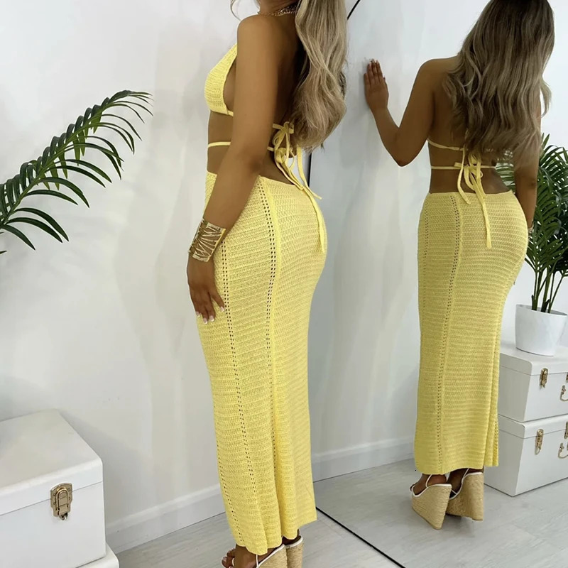 Style Hollow Out Backless Tie Up Dress Women Beach Holiday Sun Bathing Sunscreen Long Knitting Beachwear Cover 250108