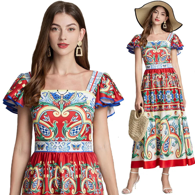 Women Square Collar Flying Sleeve Elegant Backless Long Dress Summer Rumway Fashion Flower Print High Waist Beach Party Vestidos 250106