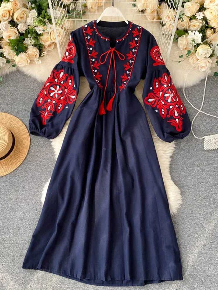 Womens Autumn Dress Bohemian Embroidered Flower O-Collar Lantern Sleeve High Waist Folded Dress Full Match Womens Vestidas PL393 M250109