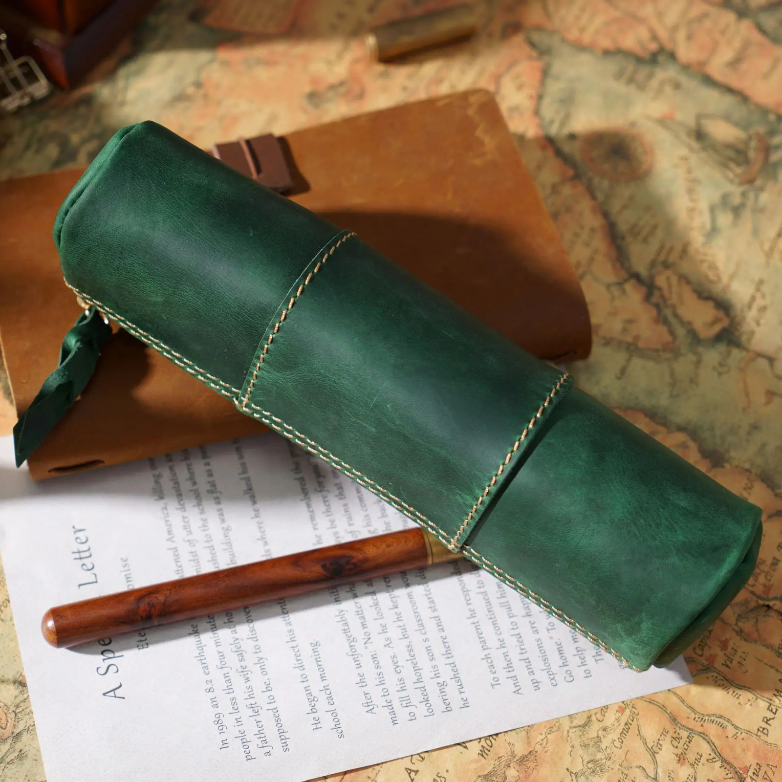Vintage leather zipper pencil case organiser pouch simple handmade pen case box coin purse stationery storage bag for school 250110