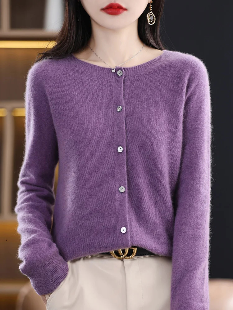 Addonee Women 100% Merino Wool Sweater Cashmere O-neck Cardigan Raglan Sleeve Classical Knitwear Solid Fashion Basic Clothing 250106