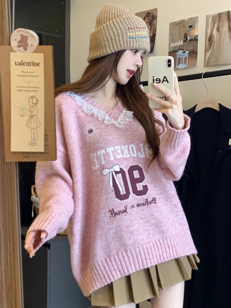 Zoki Lace Patchwork Sweet Sweaters Women Cute Letter Loose Knitted Pullovers Casual Long Sleeve Lazy Wind Elegant Retro Tops 250108