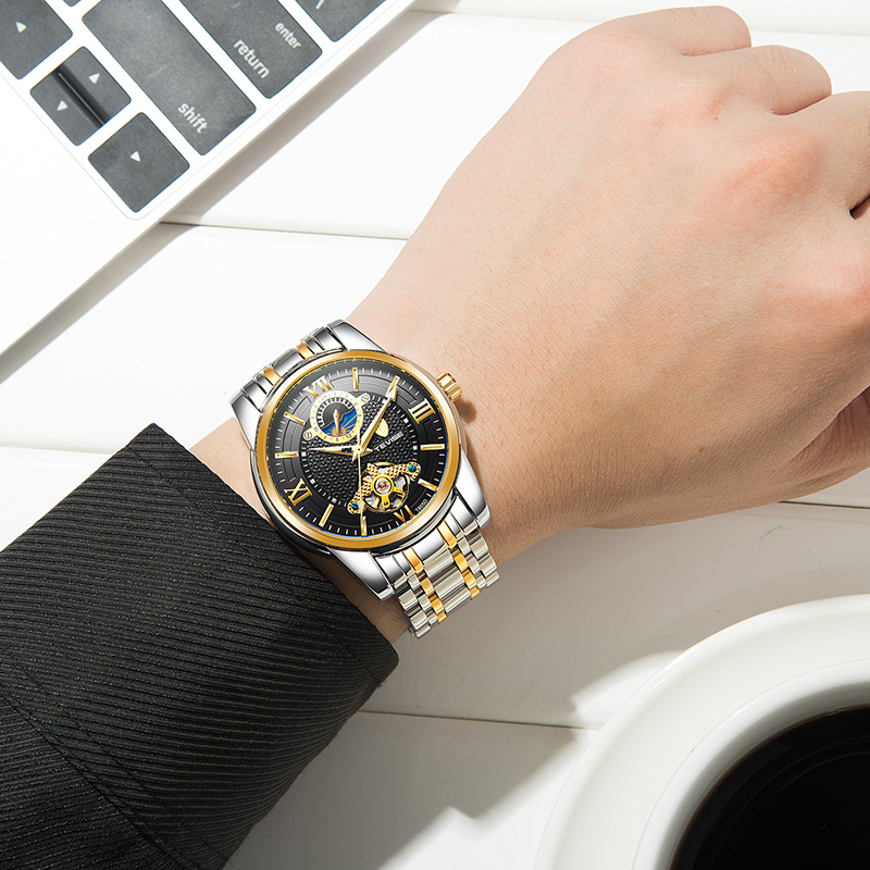 TEVISE Luxury Watches Mens Automatic Mechanical Transparent-back Waterproof Movement Watch WristWatch T047-T805D