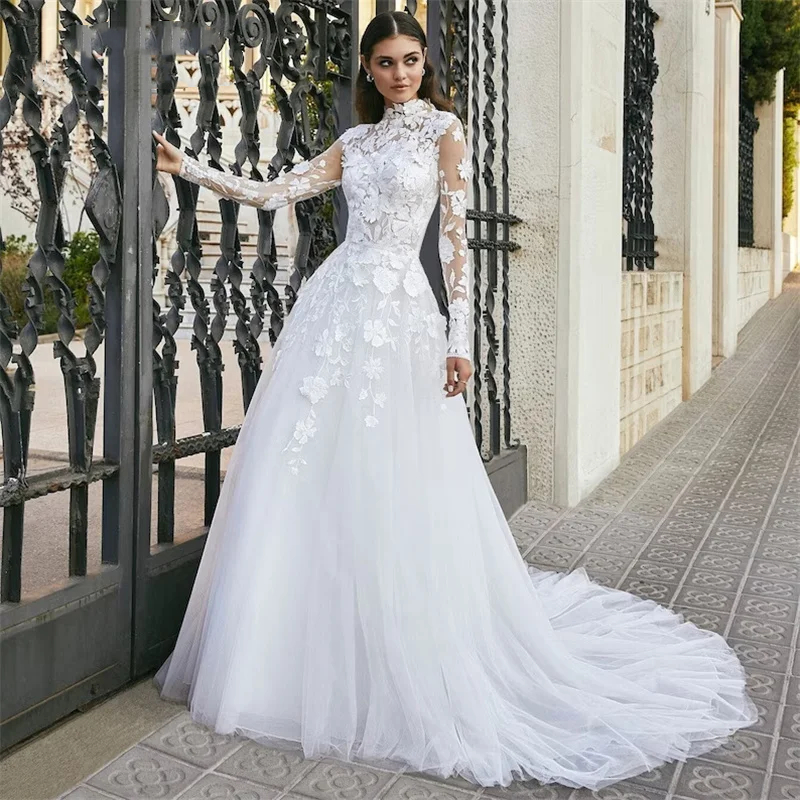 Floral Lace A-Line Wedding Dresses Long Sleeves High Neck Spring Bridal Gowns Court Train white Tulle Romantic Garden Bride Dress Custom Made 2025