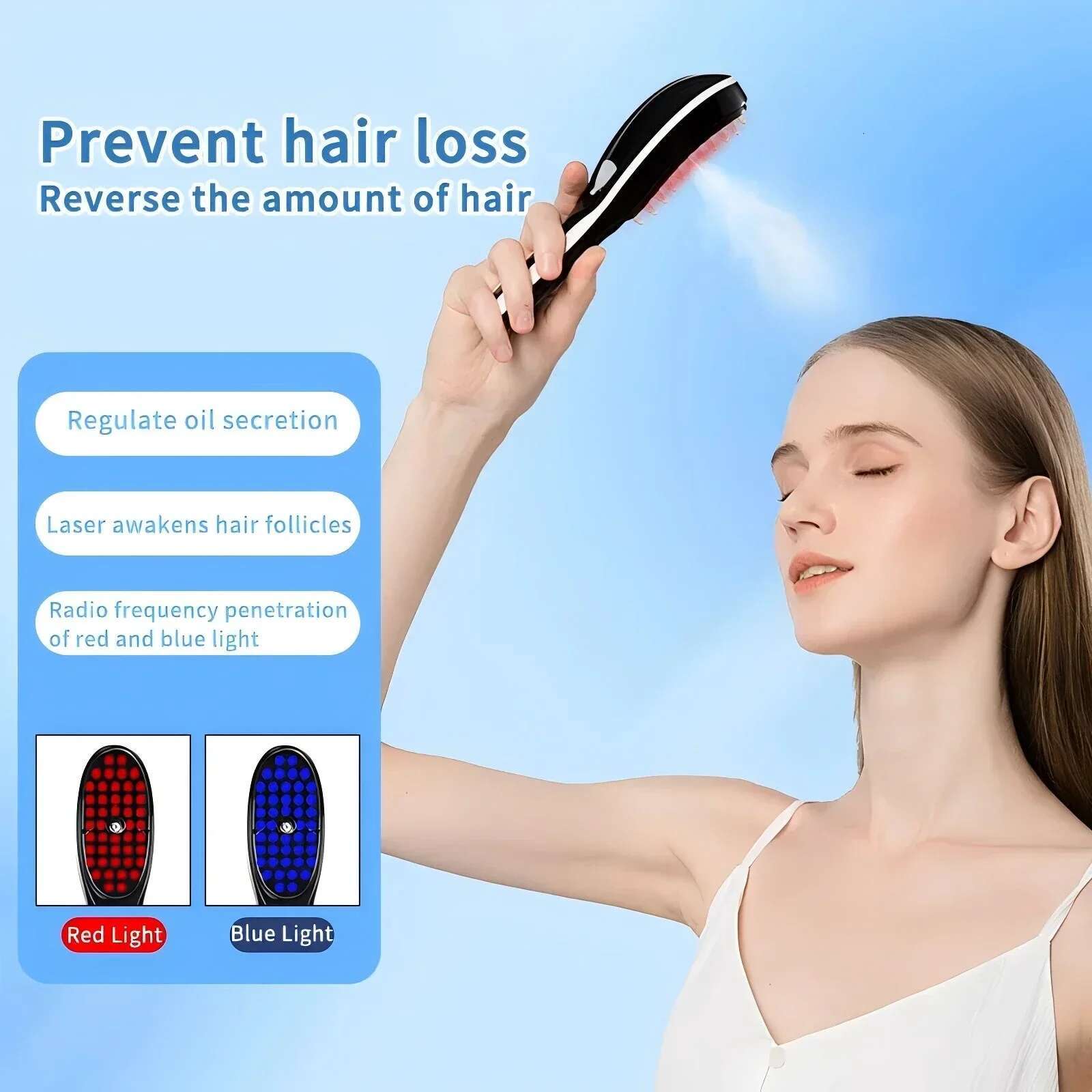 Electric Blue Red Light Therapy Brush Negative Ion Massager Spray Scalp Massage Comb HeadRelief