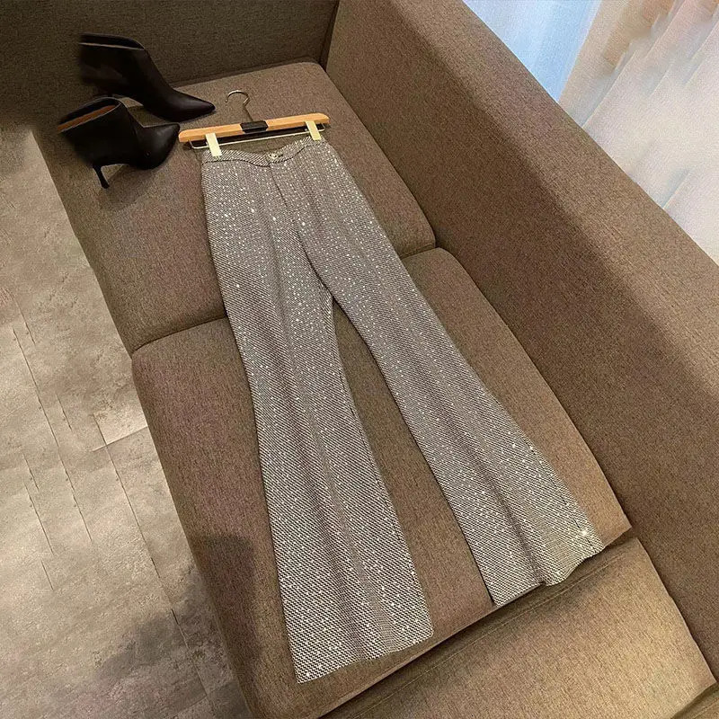 Women Blazers Long Wide Leg Pants 1 or Two Piece Set Korean Office Lady Graceful Slim Sequins Patchwork Suit Coat Trousers Sets 250106