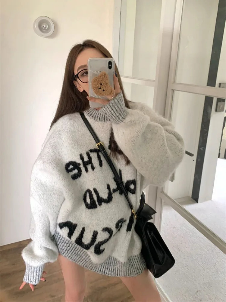 Ezgaga Knitted Sweater Women Vintage Autumn Winter Fashion Letter Printed O Neck Loose Stretch Pullover Ladies Jumper 250108