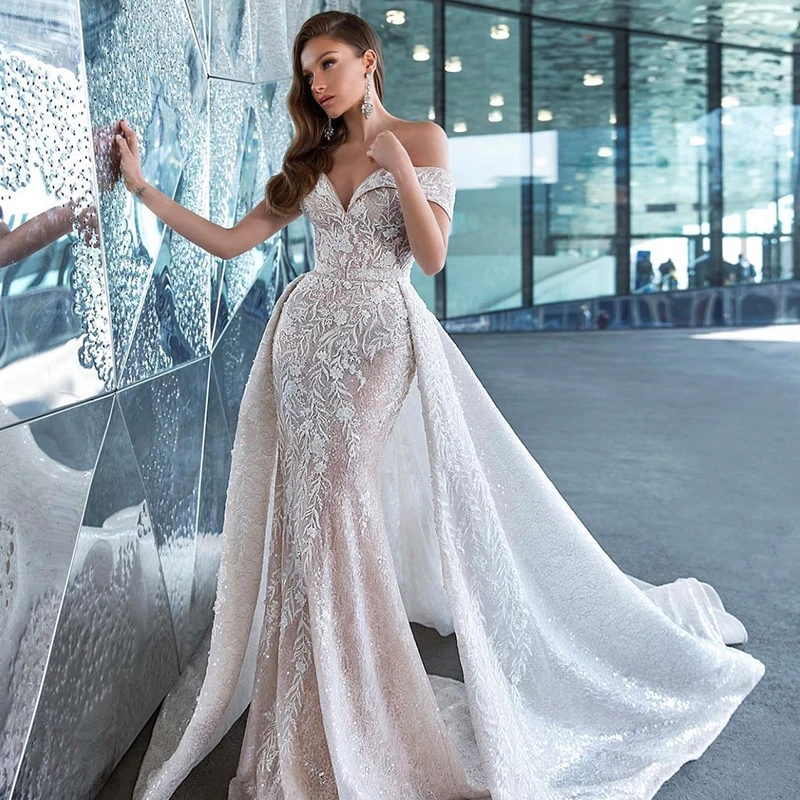 Mermaid Wedding Dress Off Shoulder Sleeveless Sequins Appliques Detachable Train Custom 2024 Bridal Gown