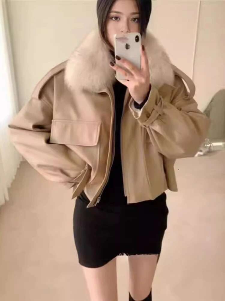 New Veet Thickened Leather Jacket Clothing Short Detachable Rabbit Fur Collar Warm Black Coats Women Tops Autumn/Winter