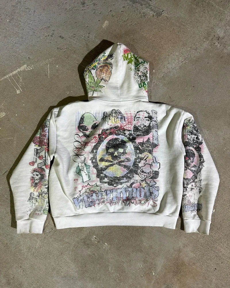 American Graffiti Printed Hoodie Womens Y2K Gothic Retro Street Hip Hop Loose Fashion Casual Couple Zipper Hoodie Sweatshirt 250109