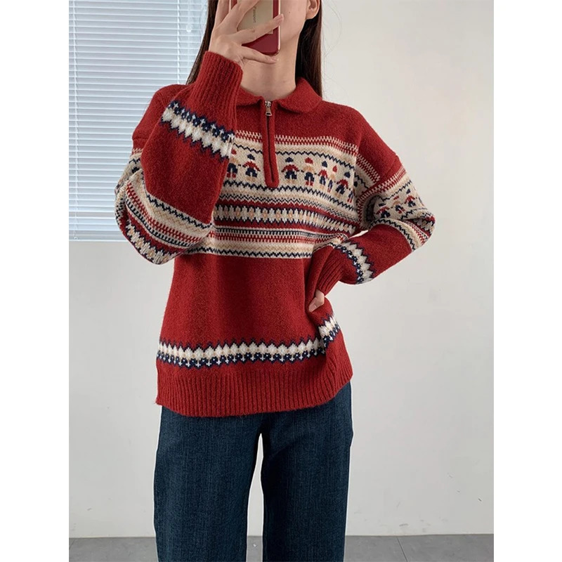 Vintage Print Sweater Women Christmas Red Knitted Pullovers Korean Half Zipper Long Sleeve Knitwear Fall Winter Casual Jumpers 250108