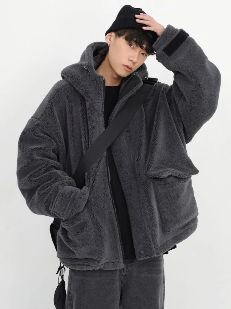 Gmiixder Winter Fur Coat Oversize Cashmere Mens Zipper Up Dark Gray Unisex Hip Hop Hooded Plush Padded Jacket 250107