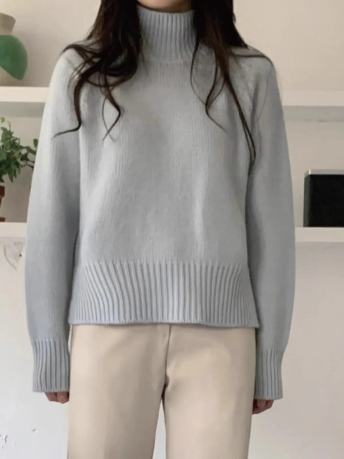 Euroamerican style autumn and winter turtleneck slit 100% pure cashmere sweater for women loose thick knit wool base 250108