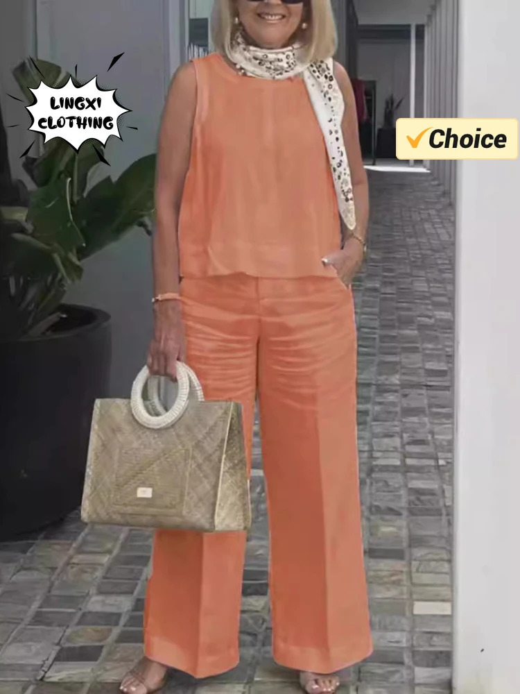 Summer Fashion Womens Matching Collection Round Neck Sleeveless Top High Waist Wide Leg Pants Casual Two Piece Set 250106