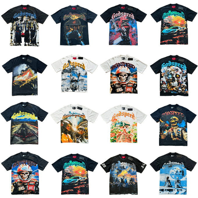 godspeed designer men's t shirt High quality casual fashion street hip Hop Skull Print Vintage Wash Water T shirts US size S/M/L/XL