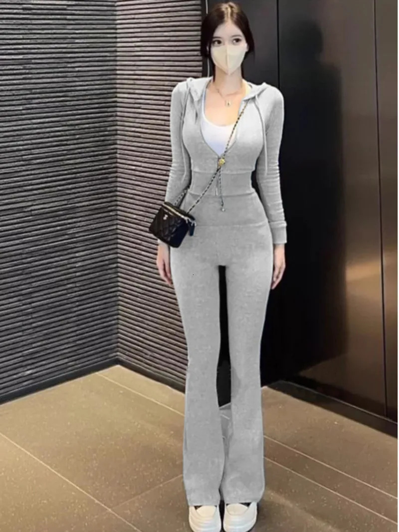WOMENGAGA Korea Slim Sexy Short Cardigan Long Sleeved Hoodieflared Sports Pants Twopiece Set For Women FJJ8 250106