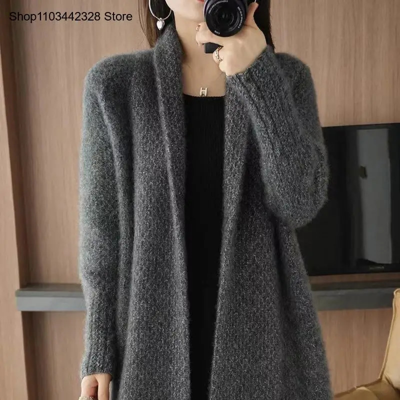 Womens Autumn and Winter Thickened Mid-Length Loose Cardigan Knitted Jacket Casual Knitted Sweater 250106