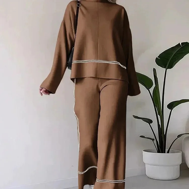 Pant Sets Women Two Piece Knit Full Sleeve Stand Collar Top Pullovers Midi Waist Long Pants Straight Casual Autumn Winter 250106