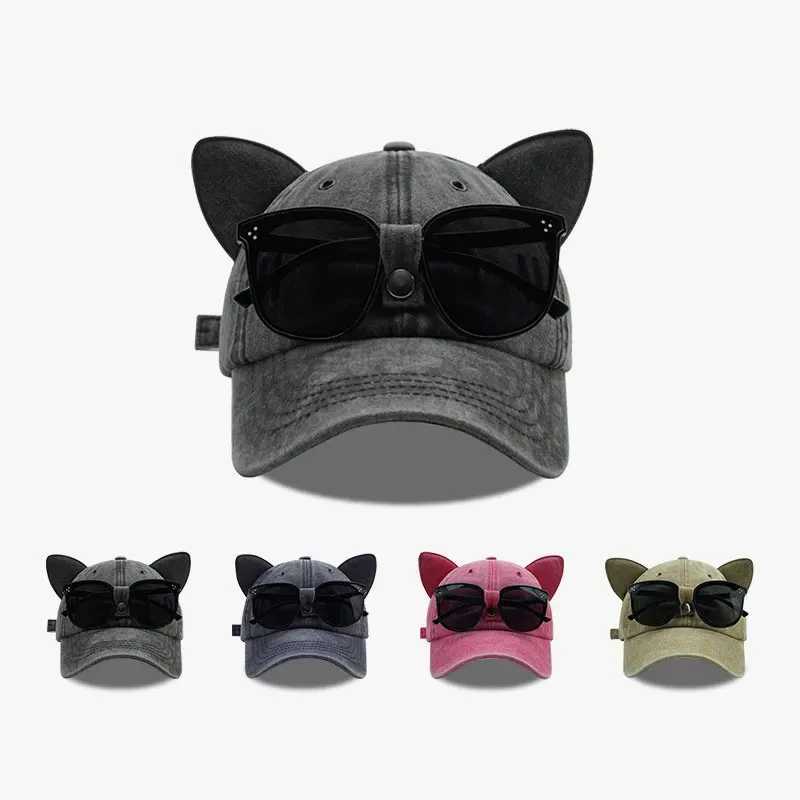 New cute Cats ears (Steamed cat-ear shaped bread) with baseball cap washed baseball cap adjustable outdoor sun hat unisex X250109
