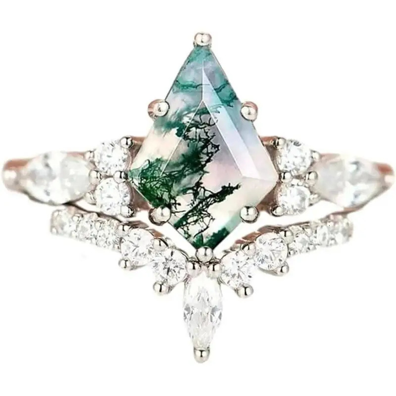 jewelry natural green moss stone agate high quality womens twopiece wedding ring set 250109