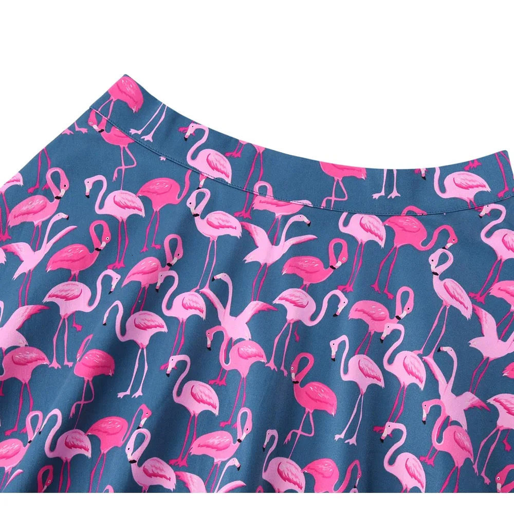 Cotton Women Retro Pleated Skirts 50s Kawai Vintage Rockabilly Swing Flamingo Printed High Waist Casual Tutu Summer Skater Blue 250106