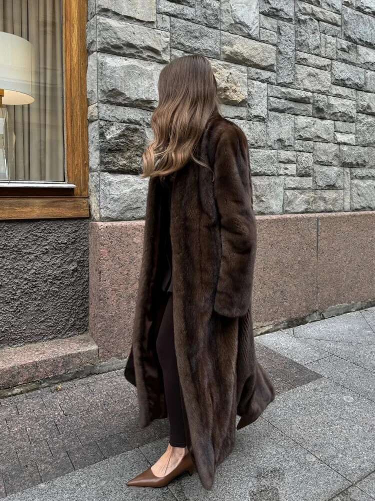 Women Fashion Dark Brown Thicken Warm Faux Fur Long Overcoat Retro Full Sleeve Oversize Stand Collar Jacket New Lady Streetwear
