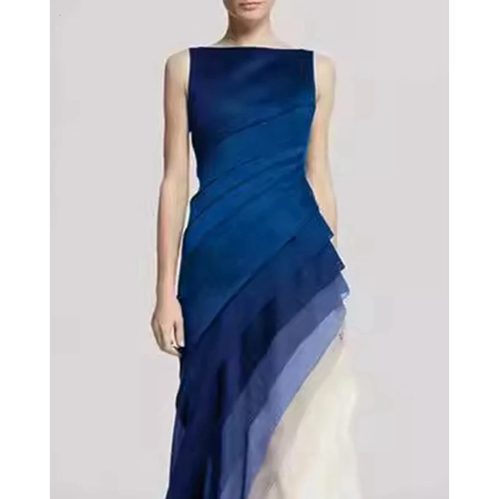 Korean Fashion Women Tierred Ruffles Sleeveless Maxi Ombre Wedding Dress Evening Party Clothing 250106