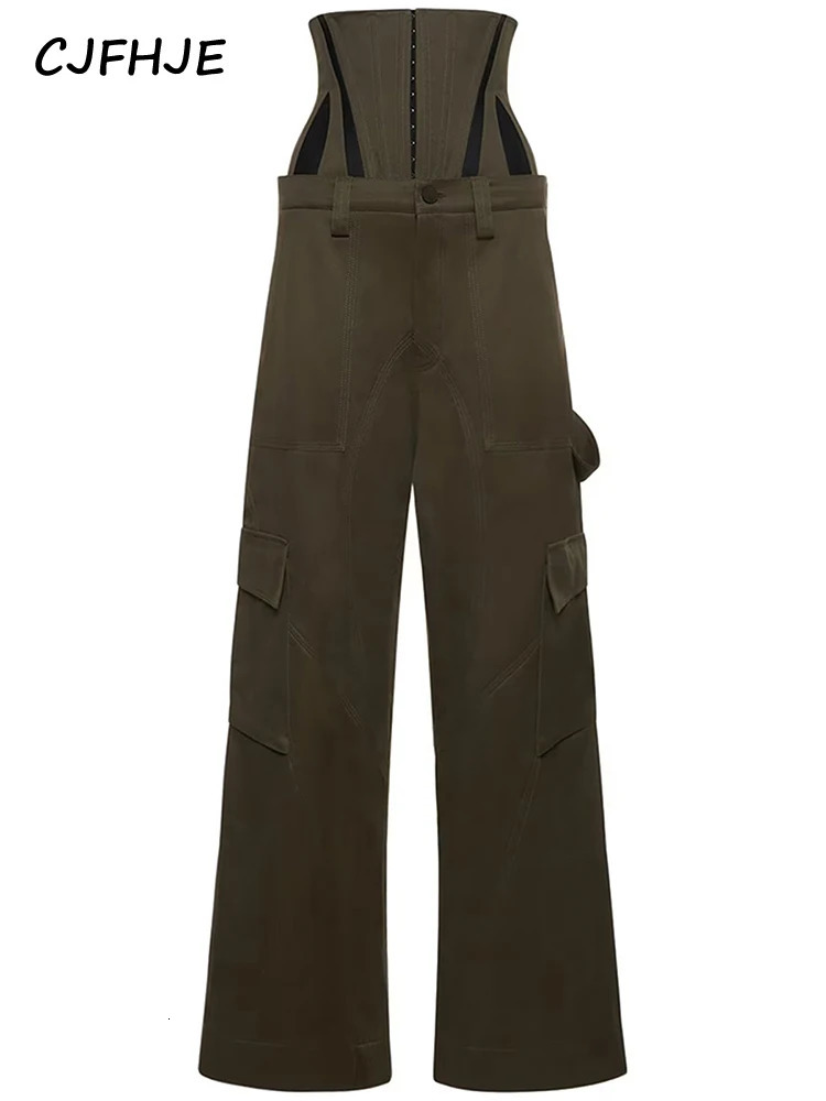 CJFHJE Women Wide Leg Pants Korean Fashion High Waist Two Piece Detachable Corset Boning Loose Fit Unisex Olive Cargo 250106