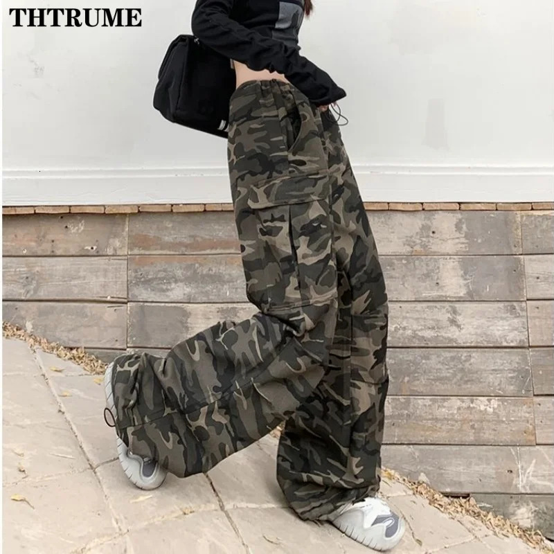 Spring High Waist Drawstring Cargo Pants Fashion Women Pocket Oversized Baggy Pant Casual Streetwear Camouflage Retro Trousers 250108