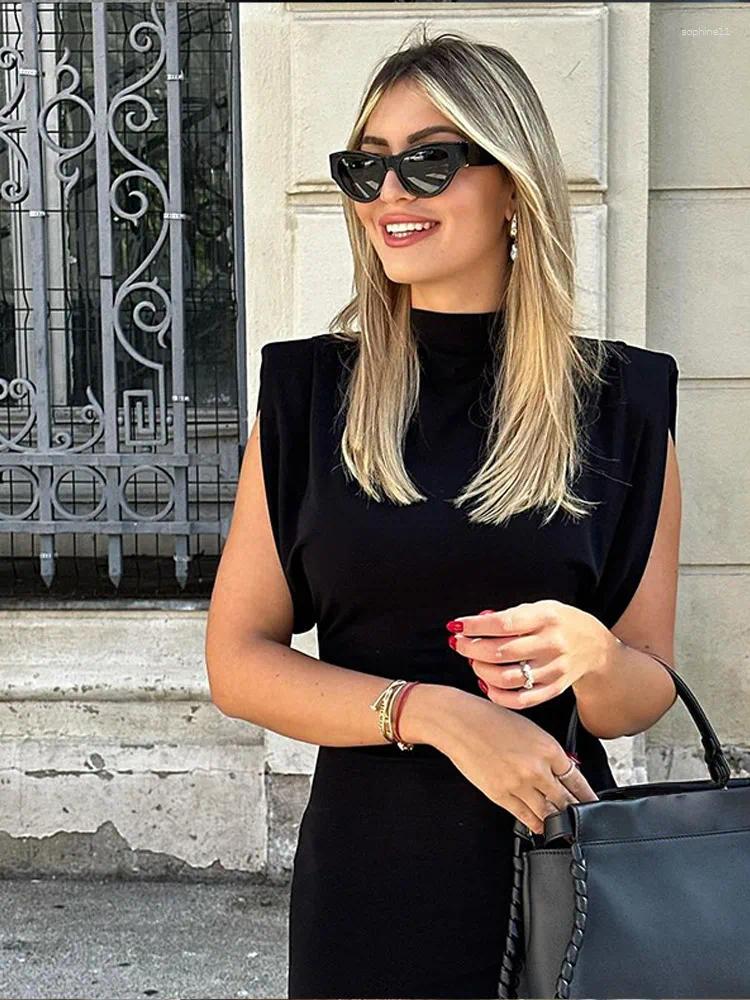 Casual Dresses Elegant Sleeveless Slim Black Long Dress For Women Fashion Shoulder Pad Bodycon Midi Party Club Woman Clothing Gowns C260311