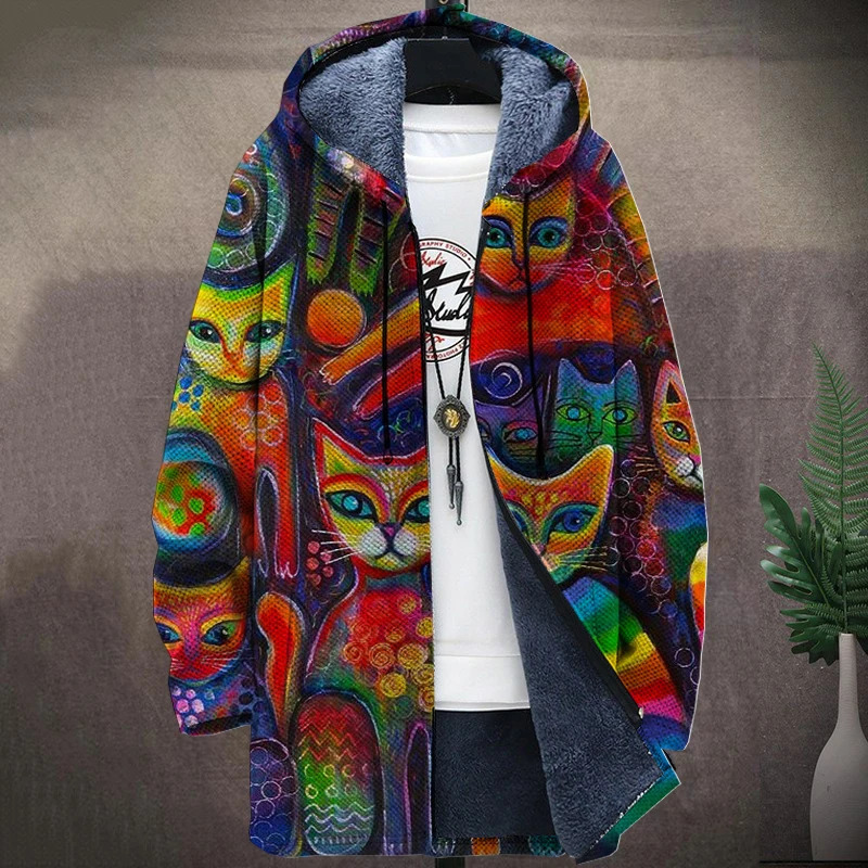 MenS Art Cat Graphic Winter Coat Print Pattern Knitted Sweater Cardigan Zipper Hooded With Thick Fleece For Youth 250107