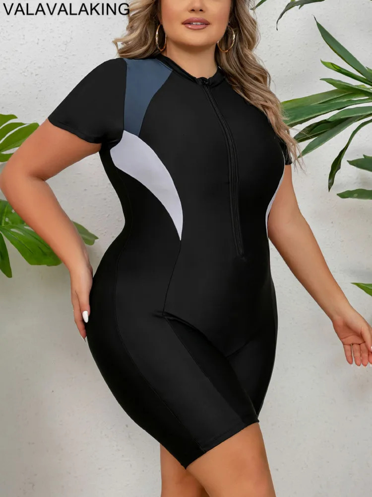 Solid Plus Size Swimwear Women Short Sleeve Large One Piece Swimsuit Lady Patchwork Big Curvy Chubby Bathing Suit 250108