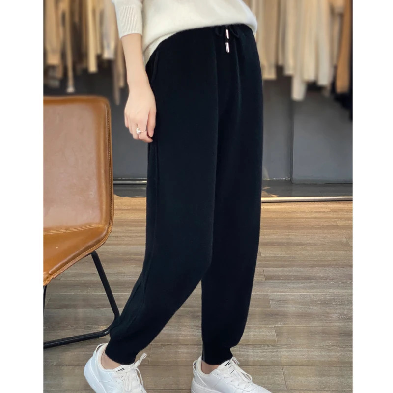 100% Merino wool cashmere womens knitted pants in autumn and winter elastic waist fashion feet 250108
