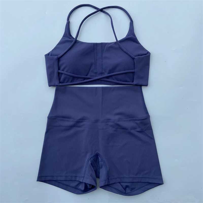 Yoga Shorts Set Gym Two Piece Sports Set Women Workout Outfit Fitness Suit Cross Straps Bra High Waist Shorts Running TracksuitXJ250109