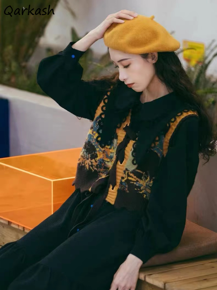 Vintage Oil Ral Painting Lace-Up Sweater Vest Women Fashion Young Sweet All-Match Popular Knitted Sleeveless Tops Girls Soft