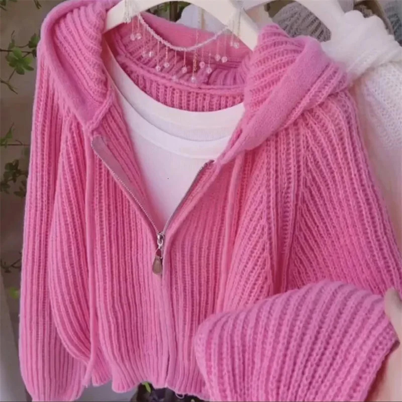Pink Hooded Knitted Cardigan For Womens Autumn Loose And Stylish n Striped Short Sweater Zipper Jacket White Overcoat 250108
