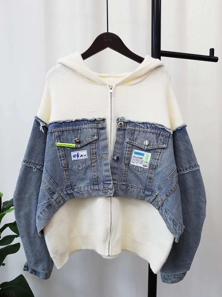 EWQ Denim Patchwork Cardigan Coat Women Long Sleeve Hooded Loose Letter Patch Sweater Jacket Autumn Winter 16U3893 250108