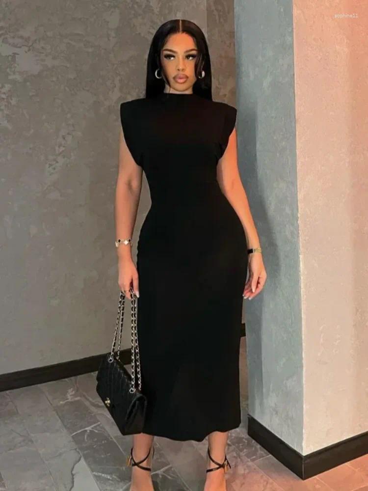 Casual Dresses Elegant Sleeveless Slim Black Long Dress For Women Fashion Shoulder Pad Bodycon Midi Party Club Woman Clothing Gowns C260311