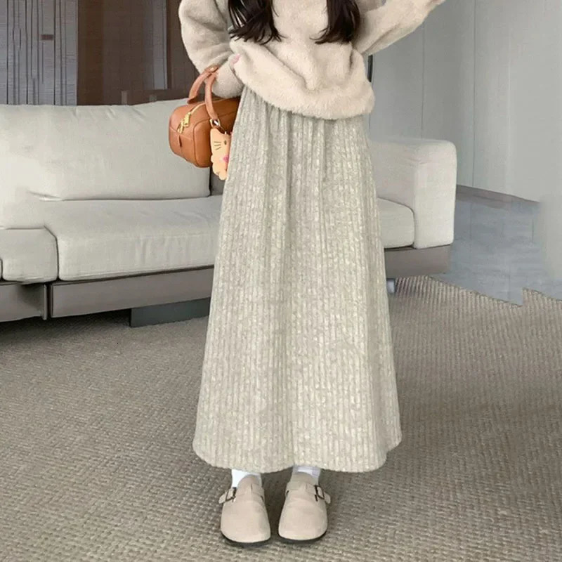 Smvp Autumn Winter Thicken Plush Aline Skirts Wowen Solid Casual High Waisted Long Skirt Ladies Lazy Style Midi 250106