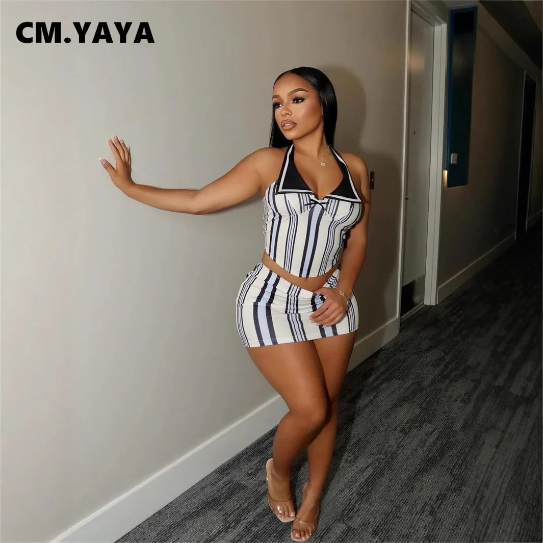 CMYAYA Fashion Sporty Womens Set Mini Skirt and Sleeveless Striped Top Autumn Street Sext Girl Two 2 Piece Dress Sets Outfits 250106