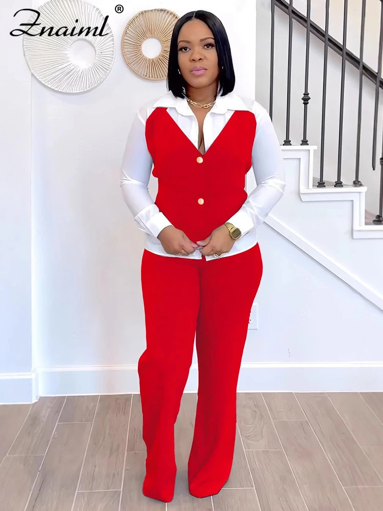 Znaiml Elegant Office Womens Long Sleeve Patchwork Vest Shirt and Straight Pants Two 2 Piece Sets Work Suits Matching Outfits 250106