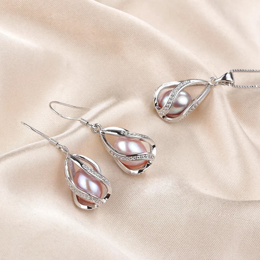 YWYC 89mm Natural Freshwater Pearl In Cage Pendant Necklace Drop Earrings Jewelry Set for Women 250109