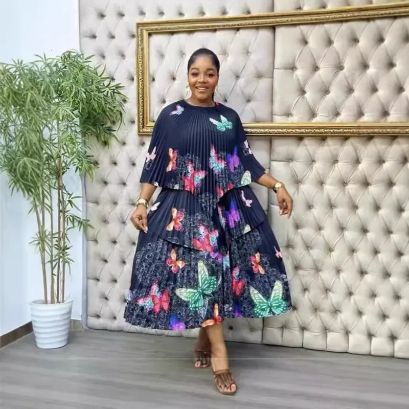 Miyake Pleated Print two piece set women outfit abaya top and skirt summer clothing 250106