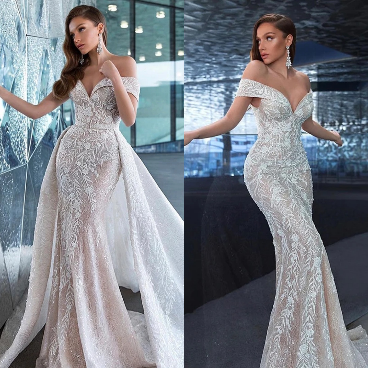 Mermaid Wedding Dress Off Shoulder Sleeveless Sequins Appliques Detachable Train Custom 2024 Bridal Gown