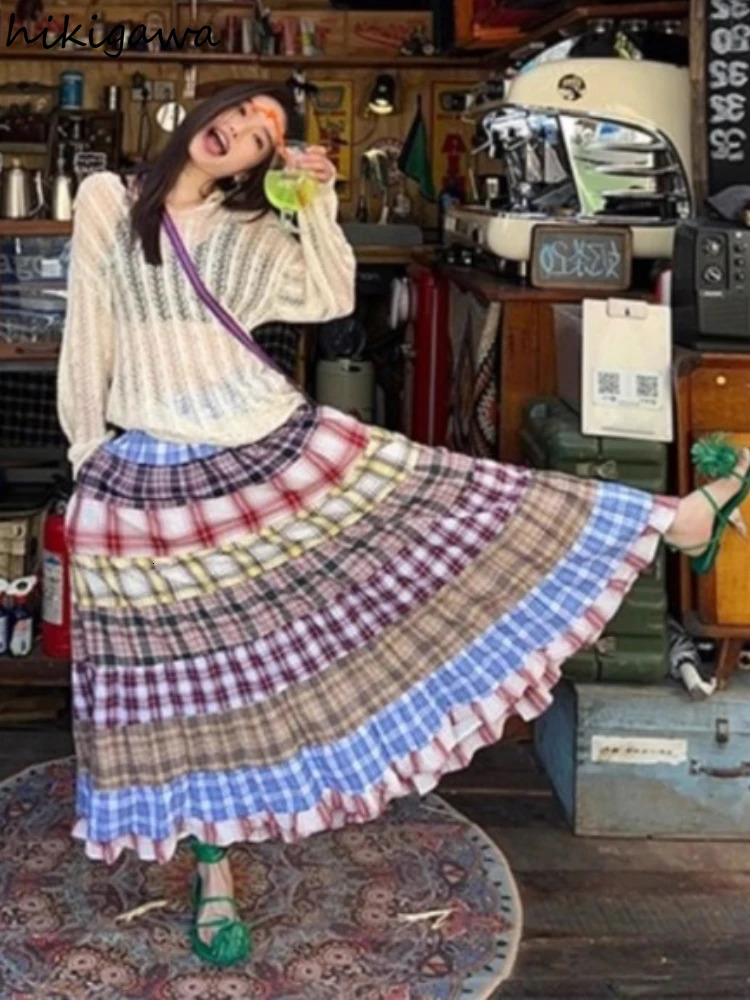 Colorful Plaid Printed Patchwork Skirt for Women Faldas Mujer De Moda High Waist Aline Print Jupe Loose Sweet Long Skirts 250106